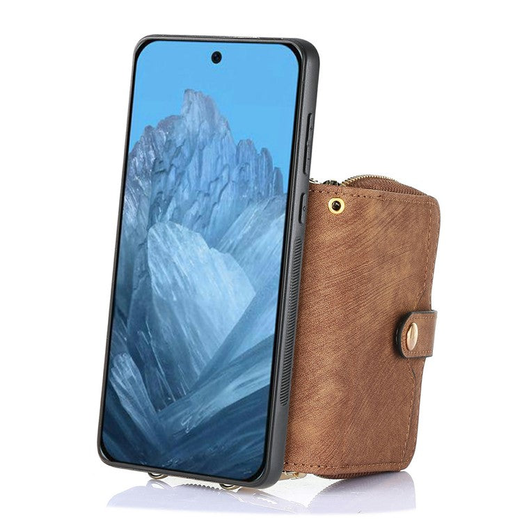 For Google Pixel 9 Pro XL Case Zipper Card Holder PU Leather Phone Back Cover with Long Strap - Brown