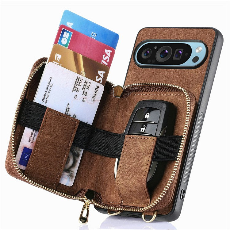 For Google Pixel 9 Pro XL Case Zipper Card Holder PU Leather Phone Back Cover with Long Strap - Brown