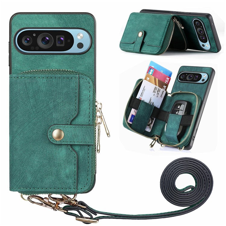 For Google Pixel 9 Pro XL Case Zipper Card Holder PU Leather Phone Back Cover with Long Strap - Green