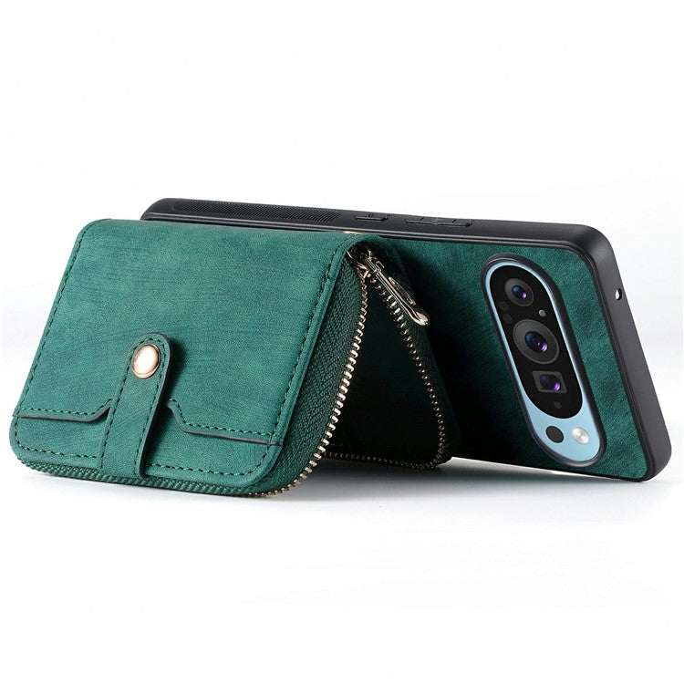 For Google Pixel 9 Pro XL Case Zipper Card Holder PU Leather Phone Back Cover with Long Strap - Green