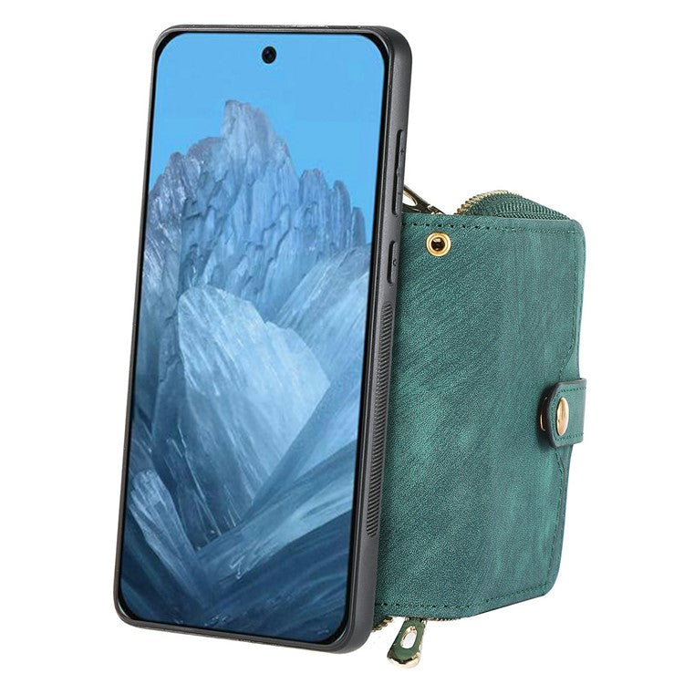 For Google Pixel 9 Pro XL Case Zipper Card Holder PU Leather Phone Back Cover with Long Strap - Green