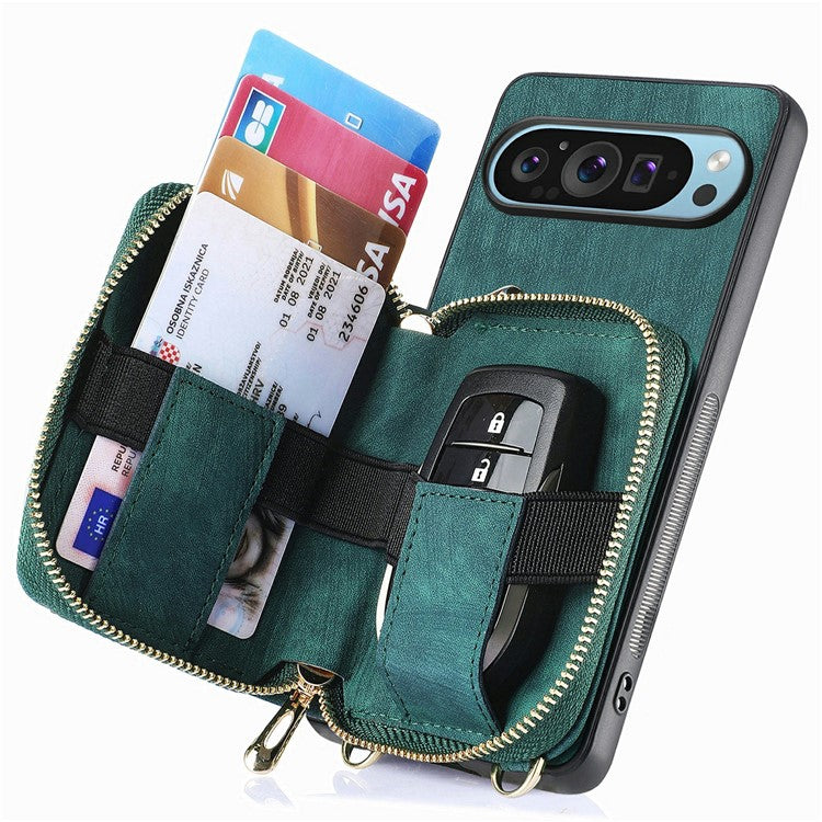 For Google Pixel 9 Pro XL Case Zipper Card Holder PU Leather Phone Back Cover with Long Strap - Green