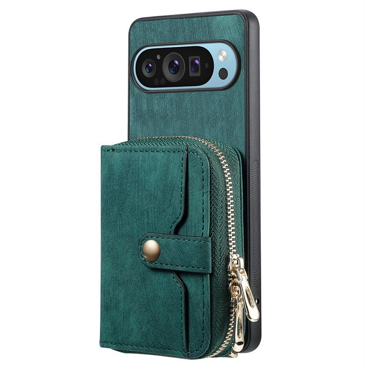 For Google Pixel 9 Pro XL Case Zipper Card Holder PU Leather Phone Back Cover with Long Strap - Green