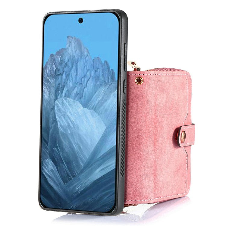 For Google Pixel 9 Pro XL Case Zipper Card Holder PU Leather Phone Back Cover with Long Strap - Pink