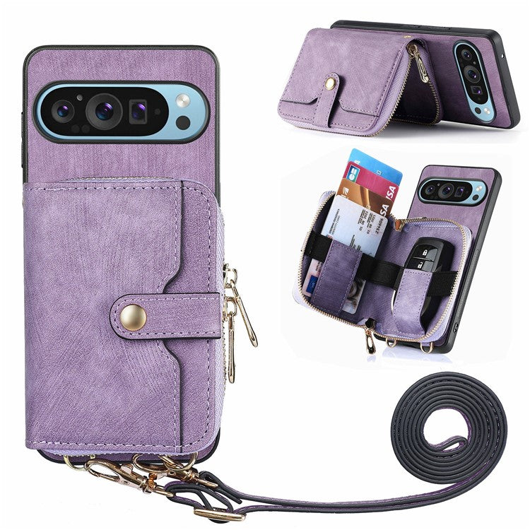 For Google Pixel 9 Pro XL Case Zipper Card Holder PU Leather Phone Back Cover with Long Strap - Purple