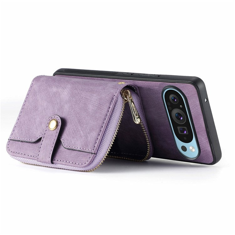 For Google Pixel 9 Pro XL Case Zipper Card Holder PU Leather Phone Back Cover with Long Strap - Purple