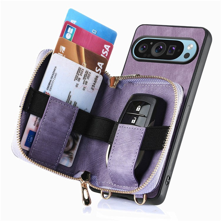 For Google Pixel 9 Pro XL Case Zipper Card Holder PU Leather Phone Back Cover with Long Strap - Purple