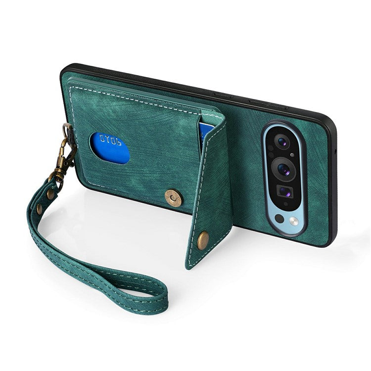 For Google Pixel 9 Pro XL Case with Card Slot Kickstand Leather TPU Phone Cover - Green