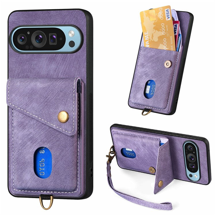 For Google Pixel 9 Pro XL Case with Card Slot Kickstand Leather TPU Phone Cover - Purple