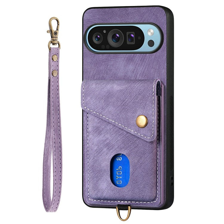 For Google Pixel 9 Pro XL Case with Card Slot Kickstand Leather TPU Phone Cover - Purple