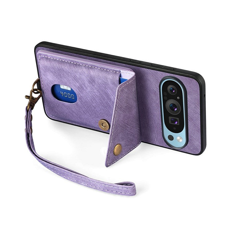 For Google Pixel 9 Pro XL Case with Card Slot Kickstand Leather TPU Phone Cover - Purple