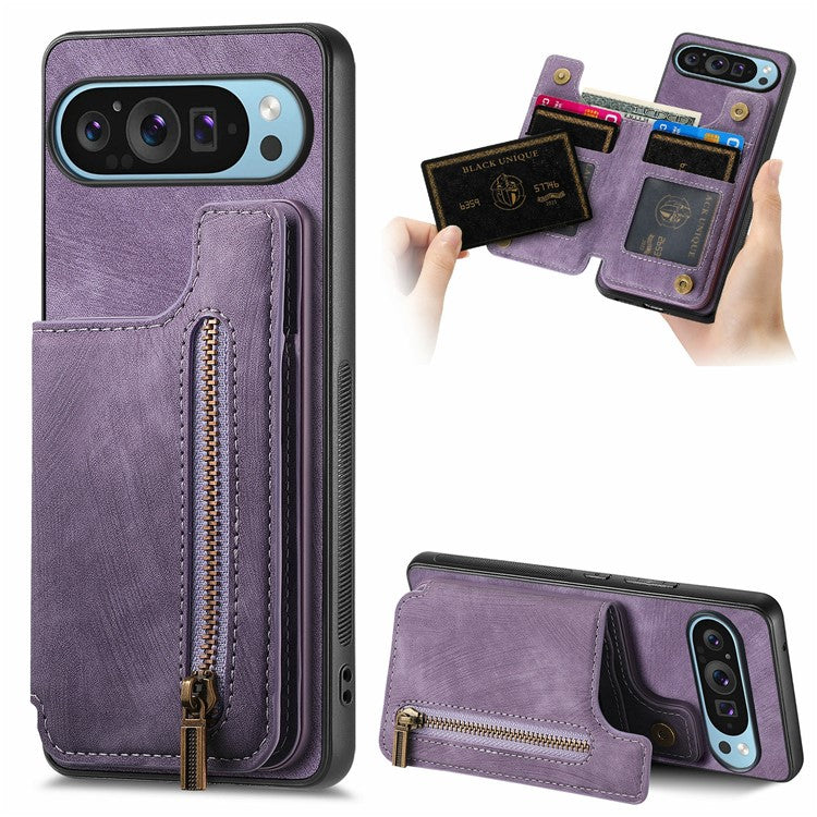 For Google Pixel 9 Pro XL Case with Card Holder Retro Leather+TPU Zipper Phone Cover - Purple