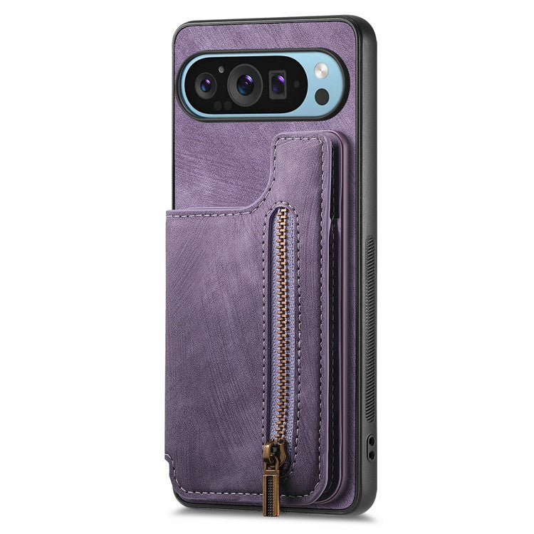 For Google Pixel 9 Pro XL Case with Card Holder Retro Leather+TPU Zipper Phone Cover - Purple