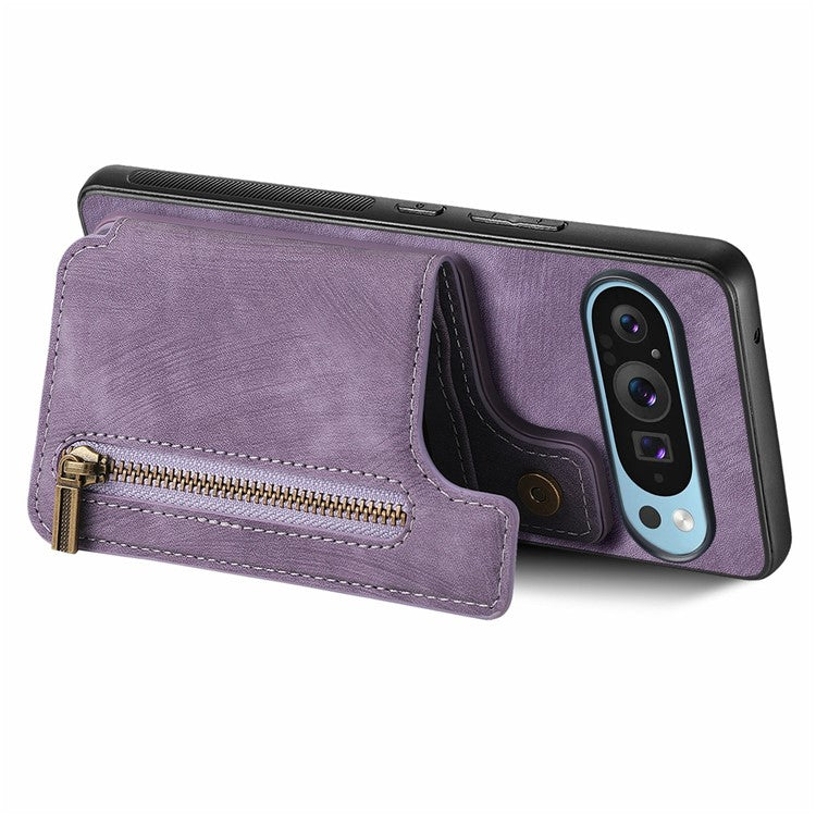 For Google Pixel 9 Pro XL Case with Card Holder Retro Leather+TPU Zipper Phone Cover - Purple