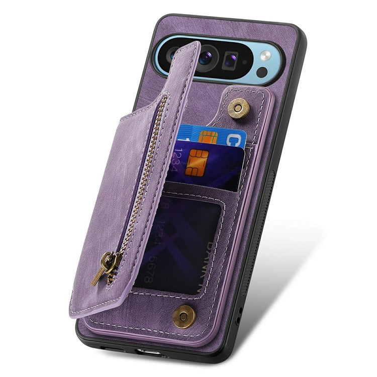 For Google Pixel 9 Pro XL Case with Card Holder Retro Leather+TPU Zipper Phone Cover - Purple