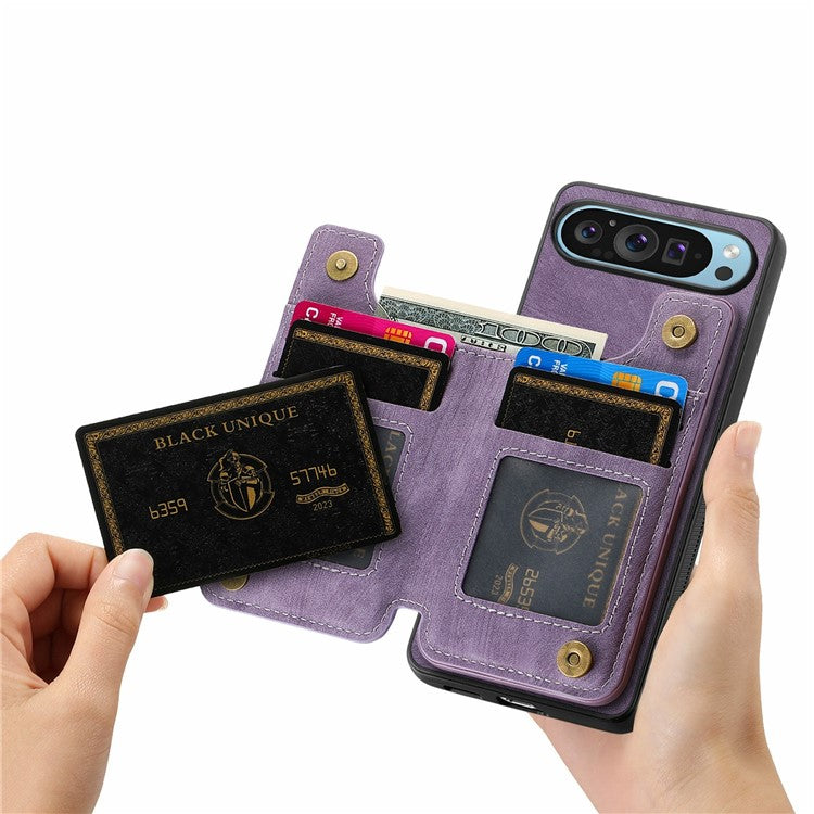 For Google Pixel 9 Pro XL Case with Card Holder Retro Leather+TPU Zipper Phone Cover - Purple