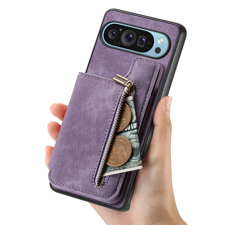 For Google Pixel 9 Pro XL Case with Card Holder Retro Leather+TPU Zipper Phone Cover - Purple