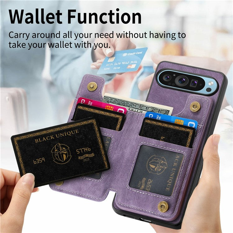 For Google Pixel 9 Pro XL Case with Card Holder Retro Leather+TPU Zipper Phone Cover - Purple