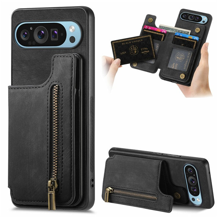 For Google Pixel 9 Pro XL Case with Card Holder Retro Leather+TPU Zipper Phone Cover - Black