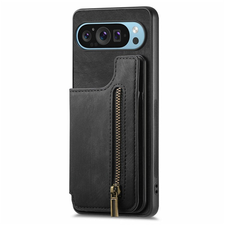 For Google Pixel 9 Pro XL Case with Card Holder Retro Leather+TPU Zipper Phone Cover - Black