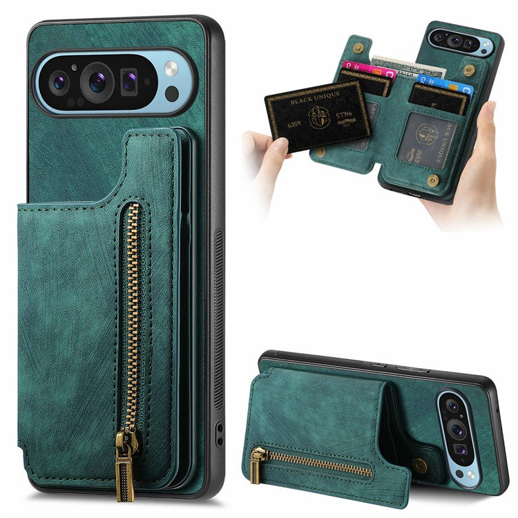 For Google Pixel 9 Pro XL Case with Card Holder Retro Leather+TPU Zipper Phone Cover - Green