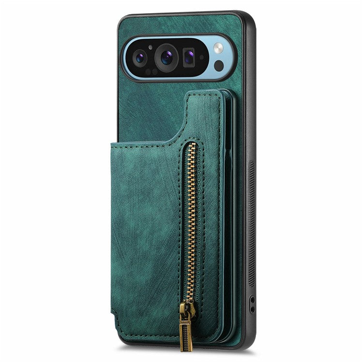 For Google Pixel 9 Pro XL Case with Card Holder Retro Leather+TPU Zipper Phone Cover - Green