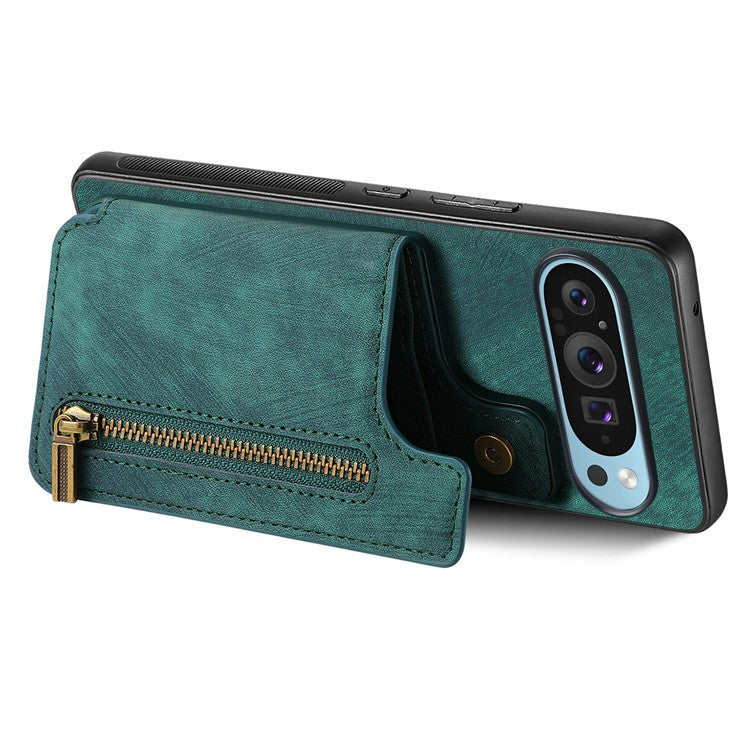 For Google Pixel 9 Pro XL Case with Card Holder Retro Leather+TPU Zipper Phone Cover - Green