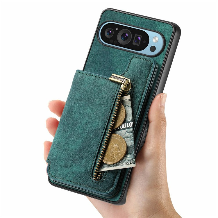 For Google Pixel 9 Pro XL Case with Card Holder Retro Leather+TPU Zipper Phone Cover - Green