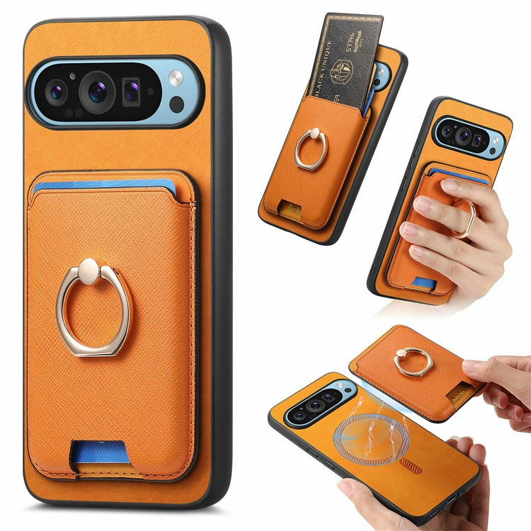 For Google Pixel 9 Pro XL Magnetic Case Leather+TPU Phone Cover Detachable Card Bag - Orange