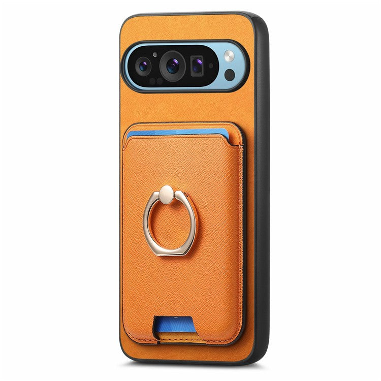 For Google Pixel 9 Pro XL Magnetic Case Leather+TPU Phone Cover Detachable Card Bag - Orange