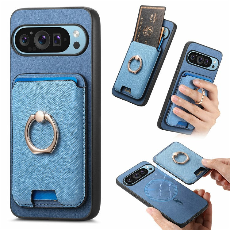 For Google Pixel 9 Pro XL Magnetic Case Leather+TPU Phone Cover Detachable Card Bag - Blue