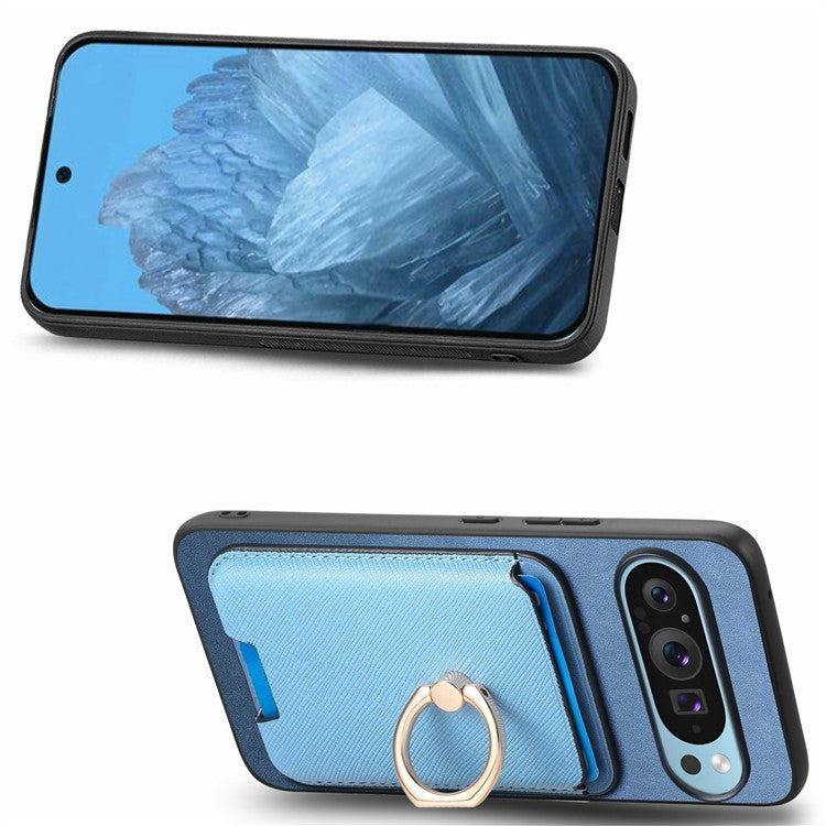 For Google Pixel 9 Pro XL Magnetic Case Leather+TPU Phone Cover Detachable Card Bag - Blue