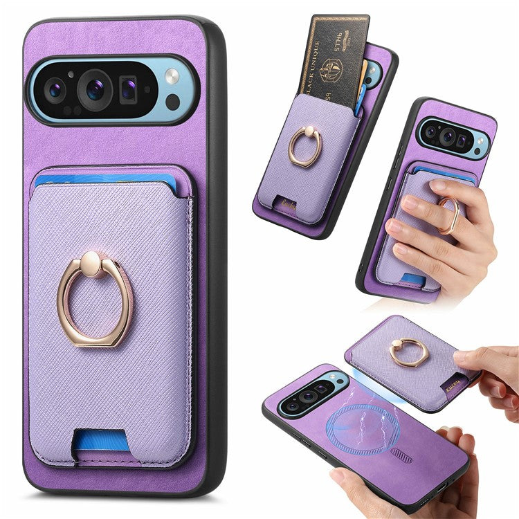 For Google Pixel 9 Pro XL Magnetic Case Leather+TPU Phone Cover Detachable Card Bag - Purple