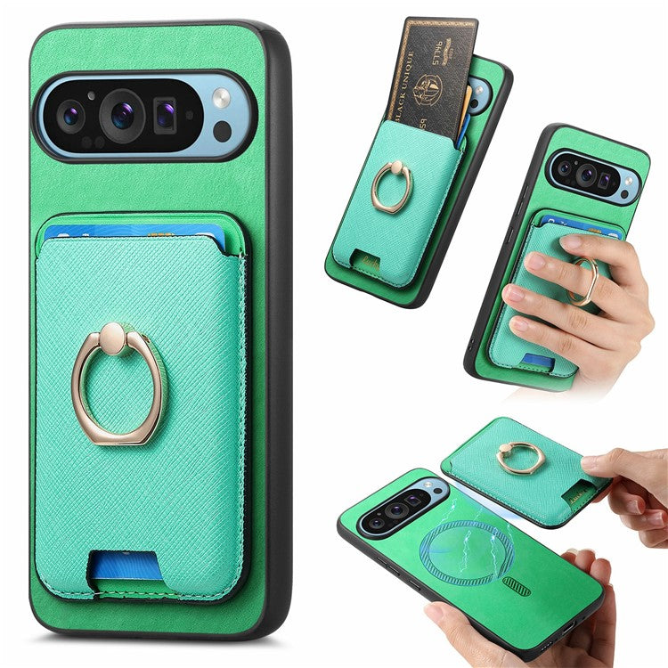 For Google Pixel 9 Pro XL Magnetic Case Leather+TPU Phone Cover Detachable Card Bag - Green