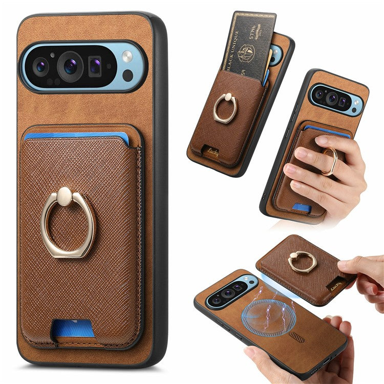 For Google Pixel 9 Pro XL Magnetic Case Leather+TPU Phone Cover Detachable Card Bag - Brown