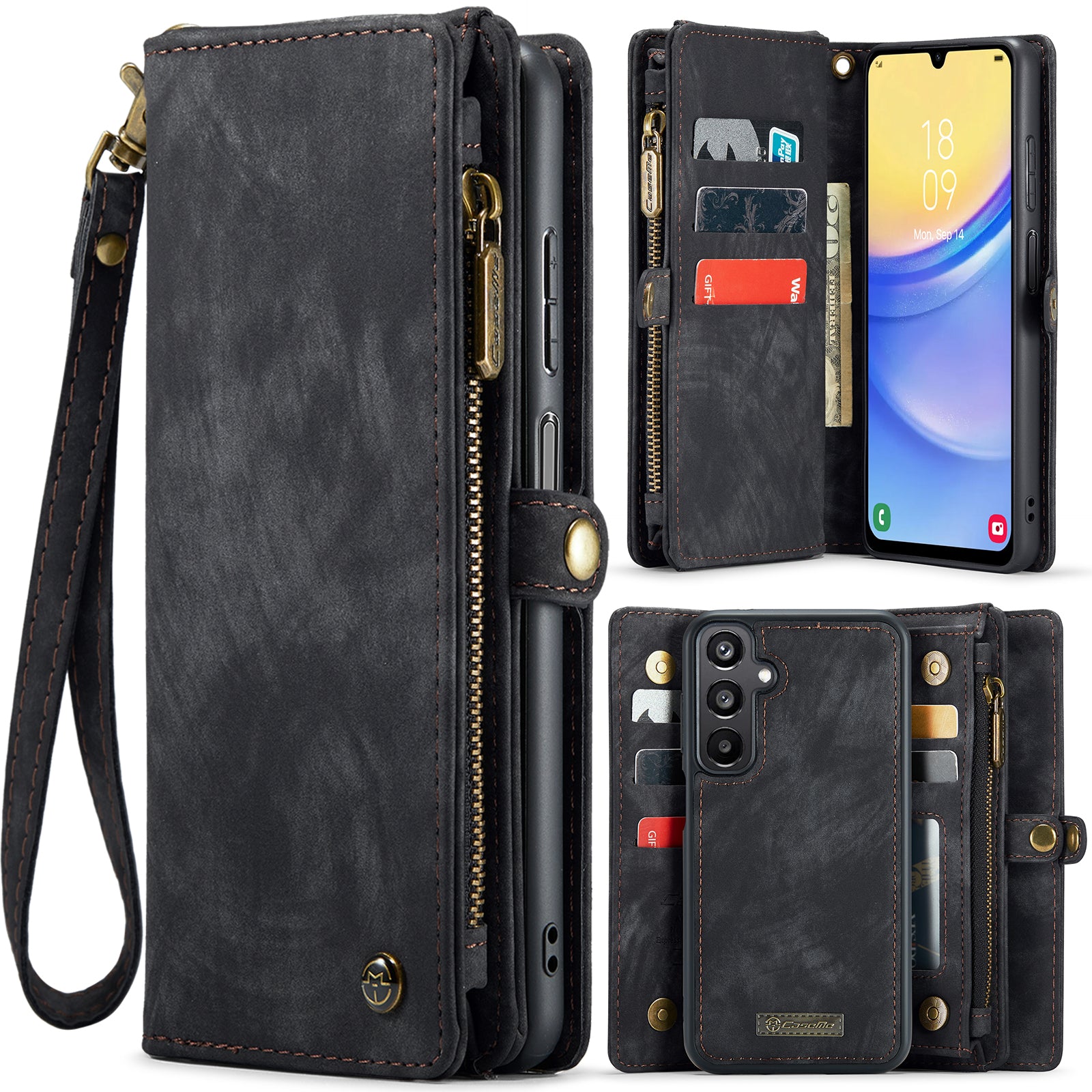 For Samsung Galaxy A16 5G / A16 4G Case CASEME 008 Series Detachable Leather Zipper Wallet Phone Cover - Black