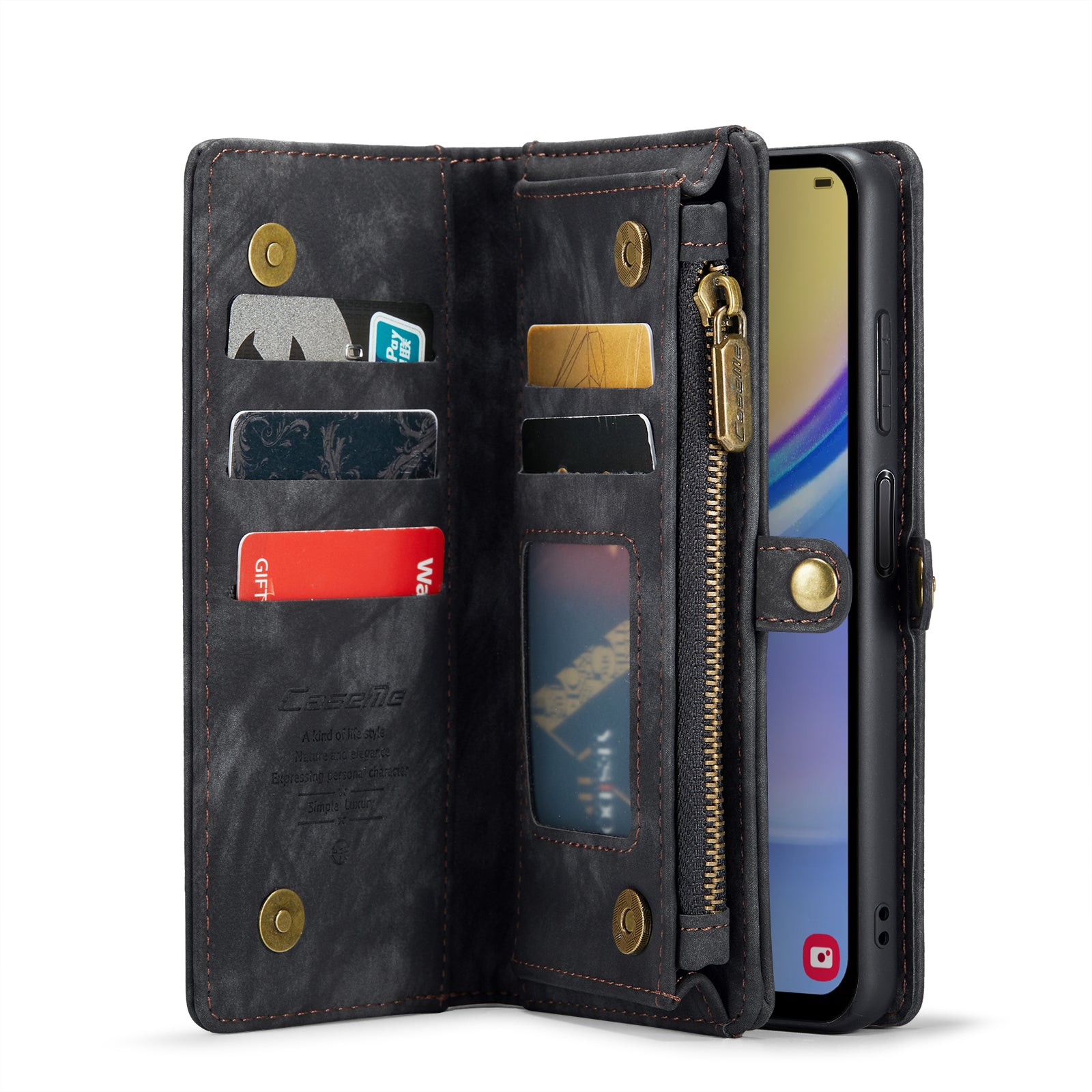 For Samsung Galaxy A16 5G / A16 4G Case CASEME 008 Series Detachable Leather Zipper Wallet Phone Cover - Black