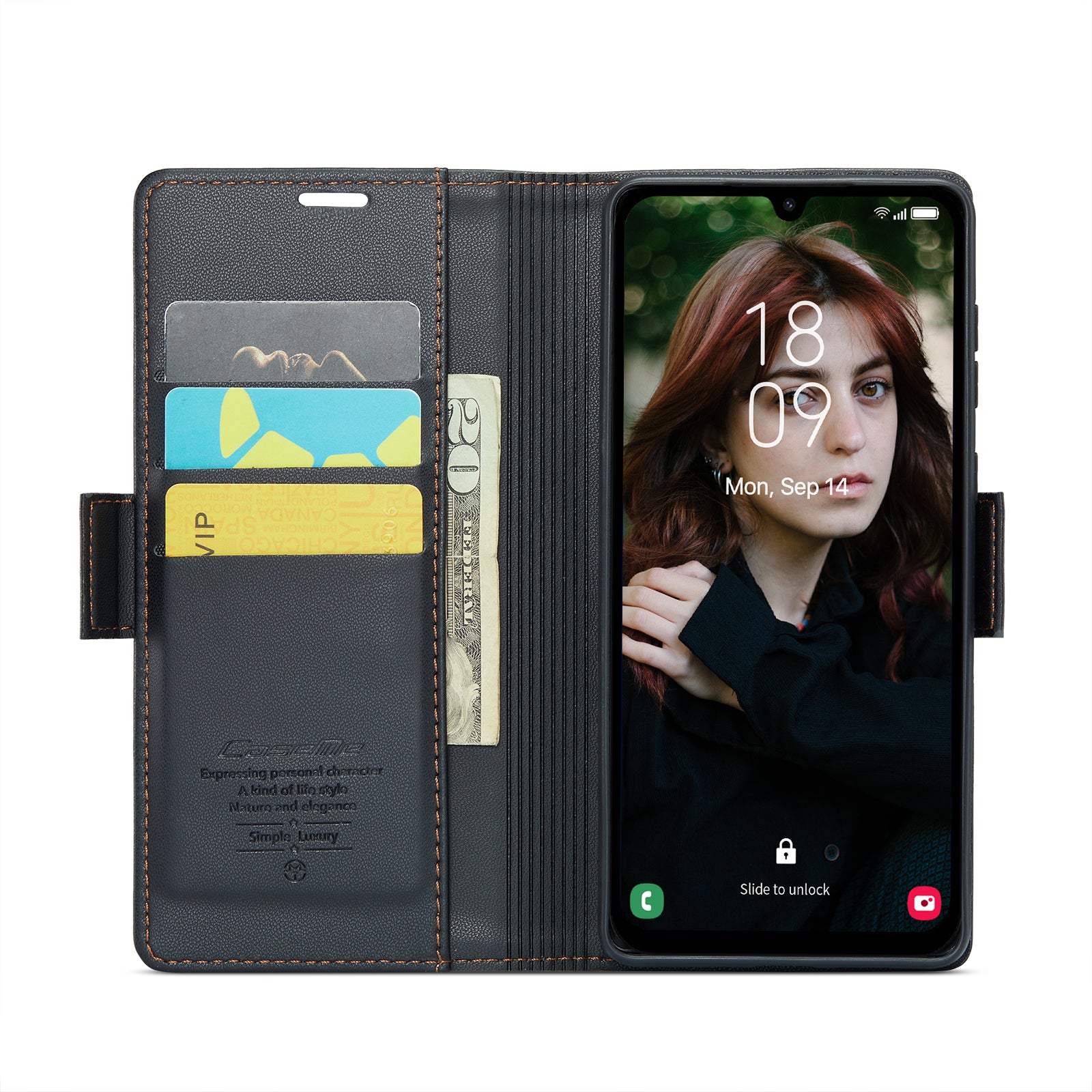 For Samsung Galaxy A16 5G / A16 4G Case CASEME 023 Series RFID Blocking Glossy Stand Phone Cover - Black