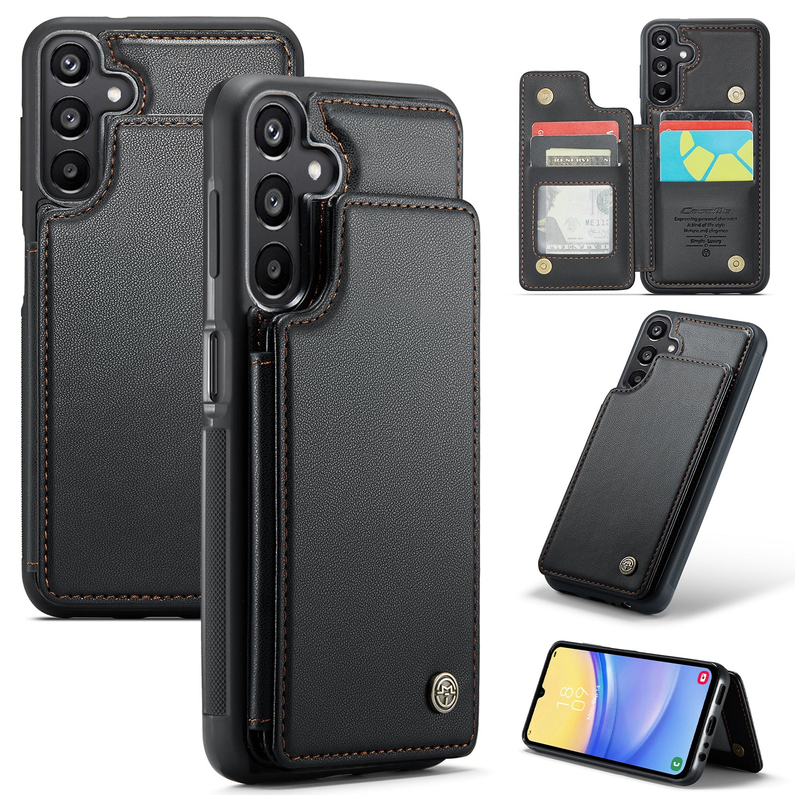 For Samsung Galaxy A16 5G / A16 4G Case CASEME C22 Series  Leather+TPU Cover RFID Blocking 5 Card Slots - Black