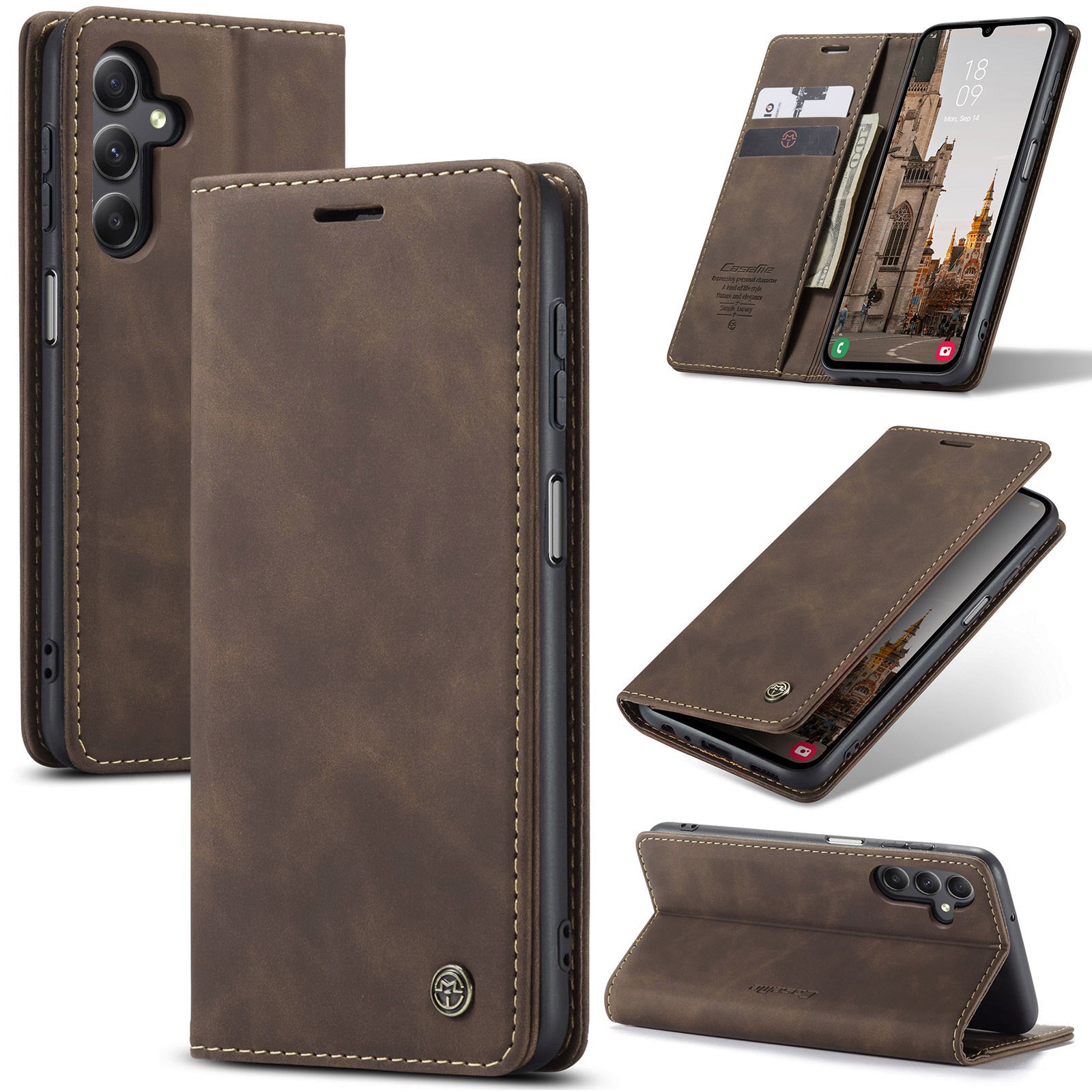 For Samsung Galaxy A16 5G / A16 4G Case CASEME 013 Series Card Holder Stand Leather Phone Cover - Coffee