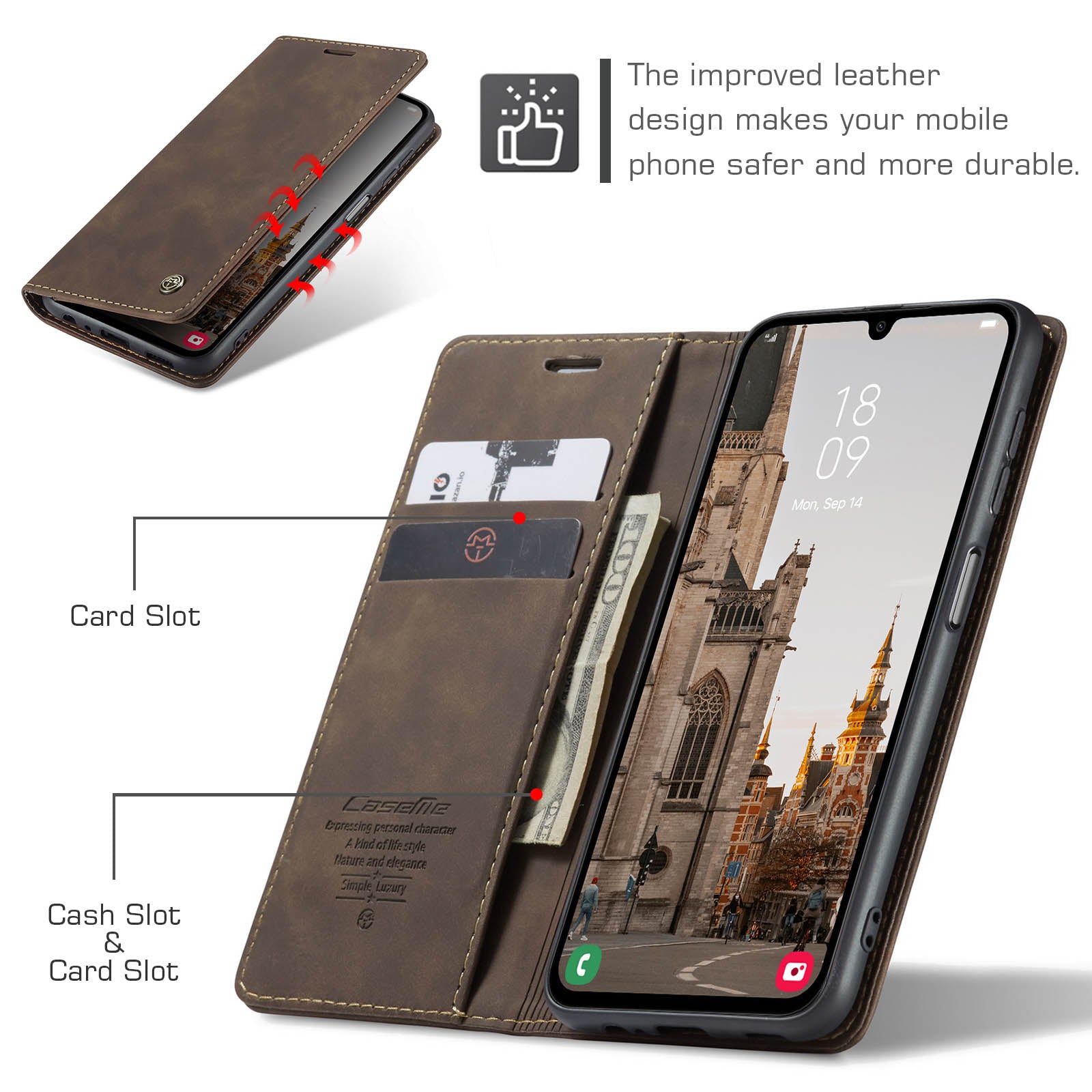 For Samsung Galaxy A16 5G / A16 4G Case CASEME 013 Series Card Holder Stand Leather Phone Cover - Coffee