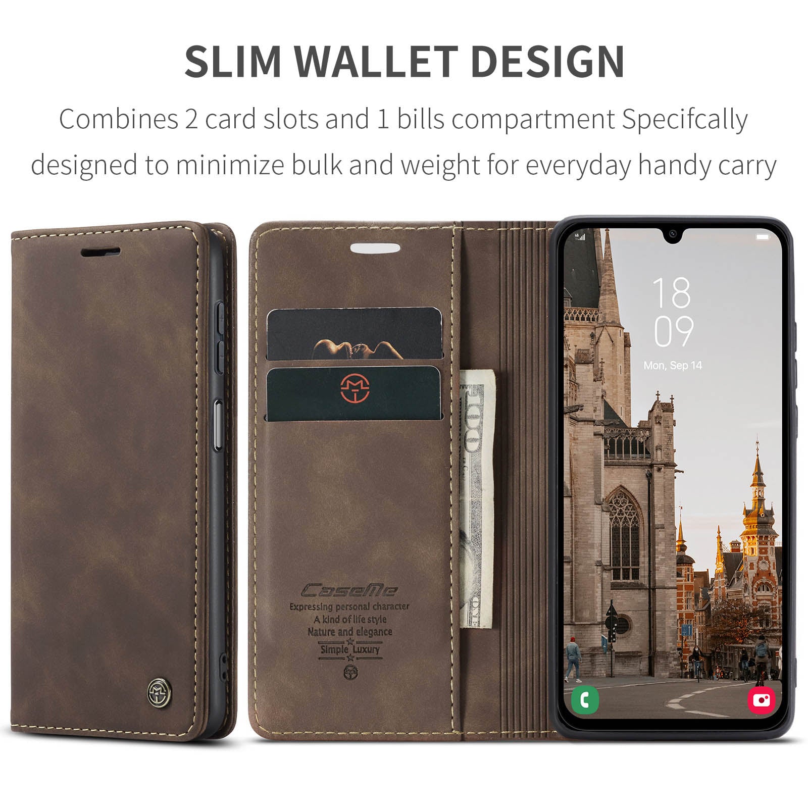 For Samsung Galaxy A16 5G / A16 4G Case CASEME 013 Series Card Holder Stand Leather Phone Cover - Coffee