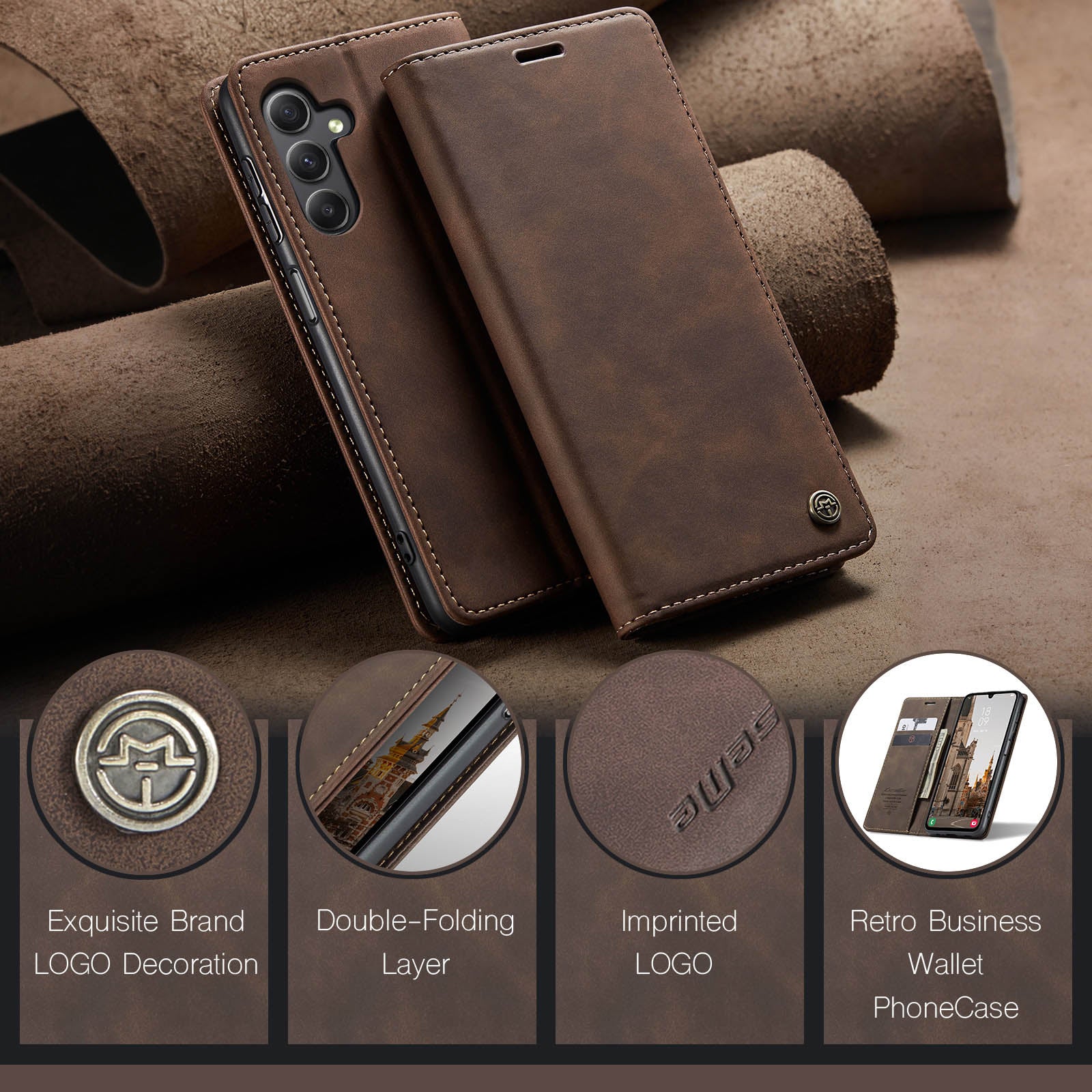 For Samsung Galaxy A16 5G / A16 4G Case CASEME 013 Series Card Holder Stand Leather Phone Cover - Coffee