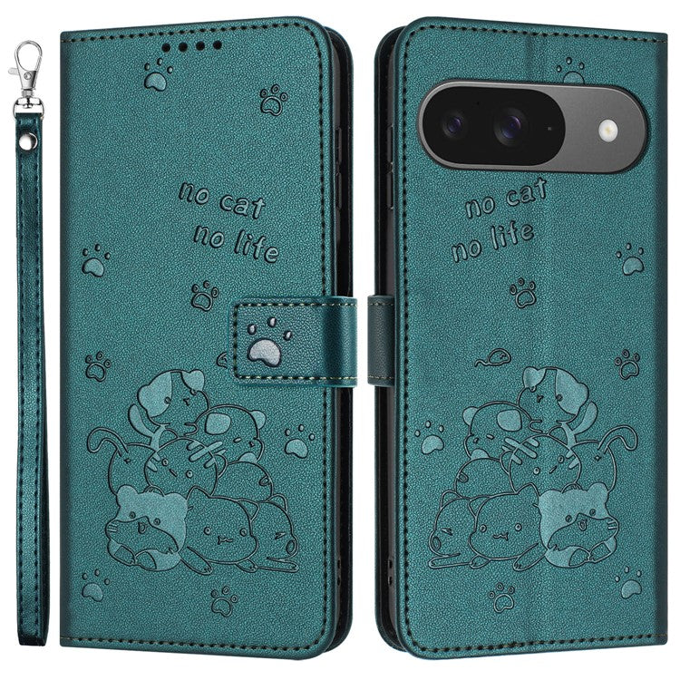 For Google Pixel 9 Pro / Pixel 9 Case with Strap Cats Imprint Leather Wallet Phone Cover - Blackish Green