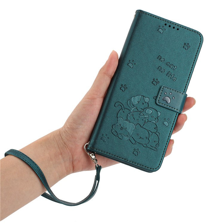 For Google Pixel 9 Pro / Pixel 9 Case with Strap Cats Imprint Leather Wallet Phone Cover - Blackish Green