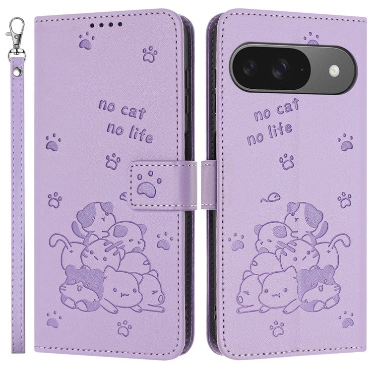 For Google Pixel 9 Pro / Pixel 9 Case with Strap Cats Imprint Leather Wallet Phone Cover - Purple