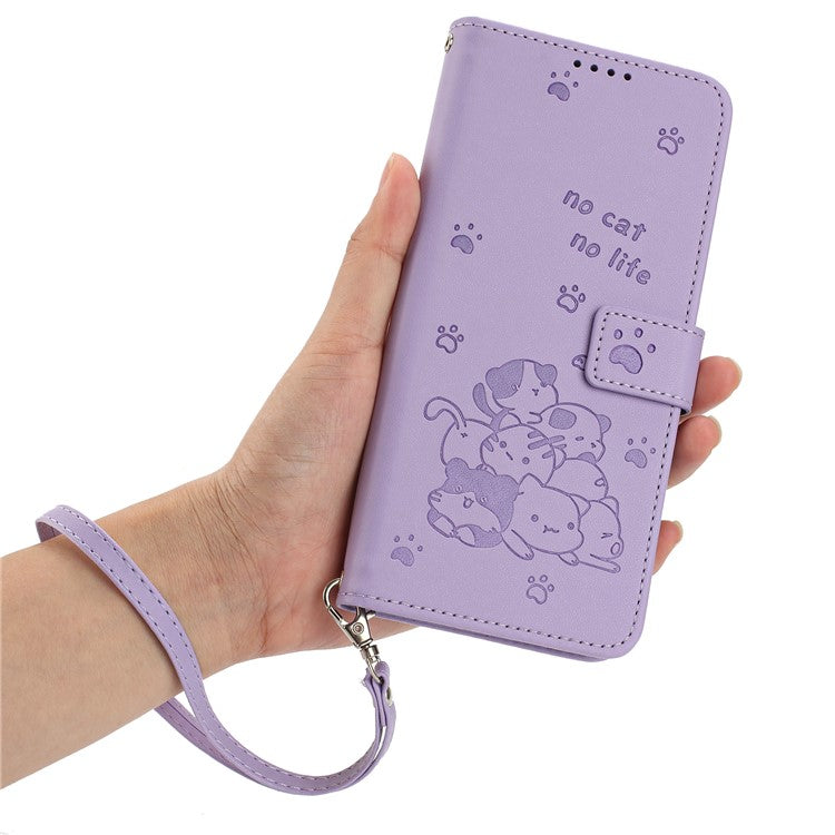 For Google Pixel 9 Pro / Pixel 9 Case with Strap Cats Imprint Leather Wallet Phone Cover - Purple