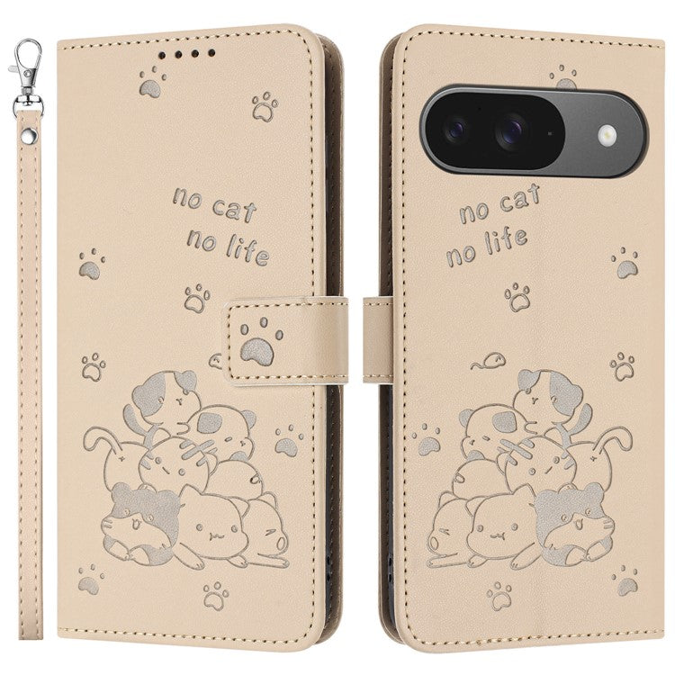 For Google Pixel 9 Pro / Pixel 9 Case with Strap Cats Imprint Leather Wallet Phone Cover - Beige