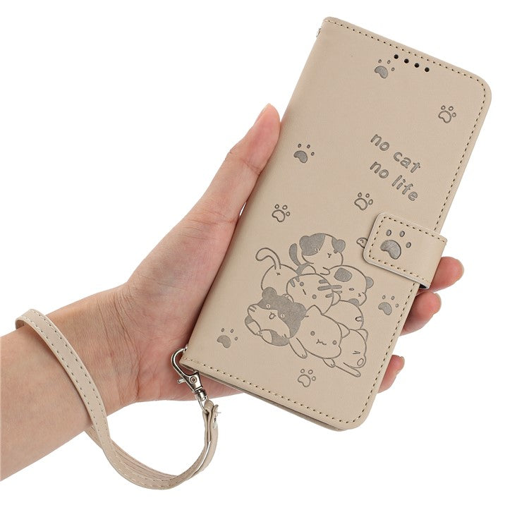 For Google Pixel 9 Pro / Pixel 9 Case with Strap Cats Imprint Leather Wallet Phone Cover - Beige