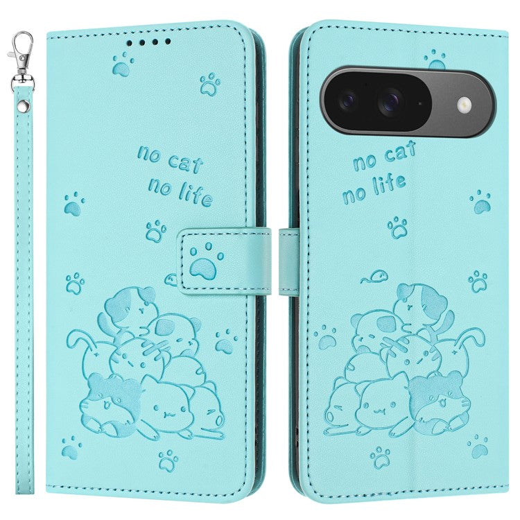 For Google Pixel 9 Pro / Pixel 9 Case with Strap Cats Imprint Leather Wallet Phone Cover - Green